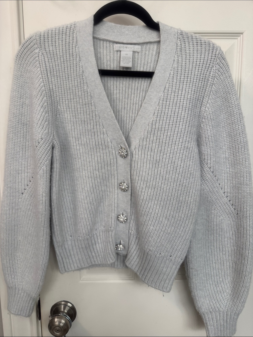 Pale light blue/Gray V-Neck Crystal Button Cardigan